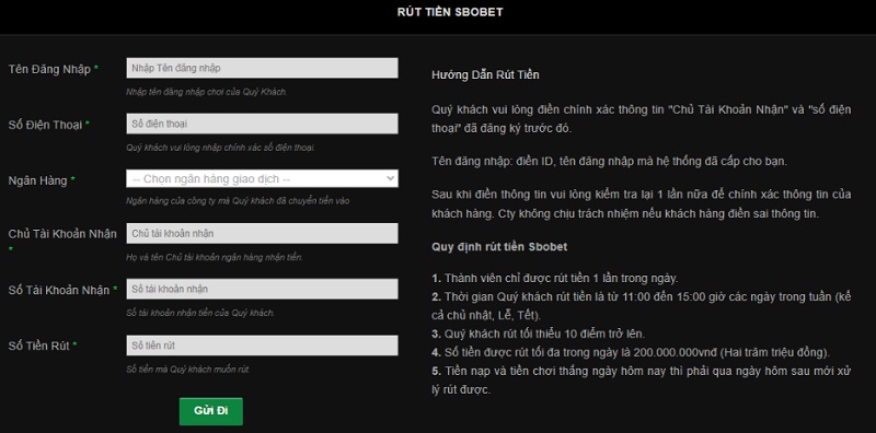 Điền chính xác các nội dung theo form để đi lệnh rút tiền